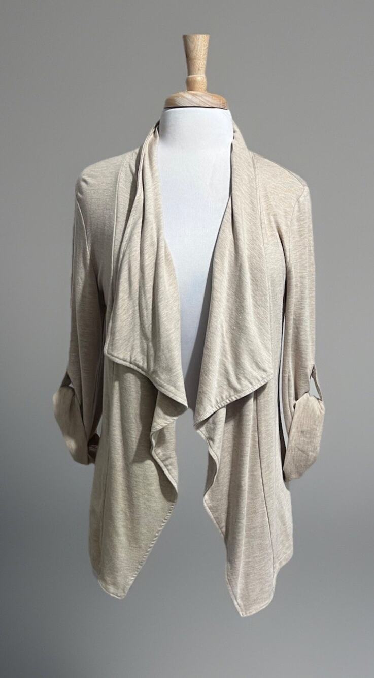 Elevated Basics Beige Open Cardigan sz L Draped Waterfall Roll Tab Sleeve Layer